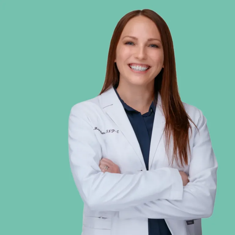 megan bates msn rn fnp c in lab coat green